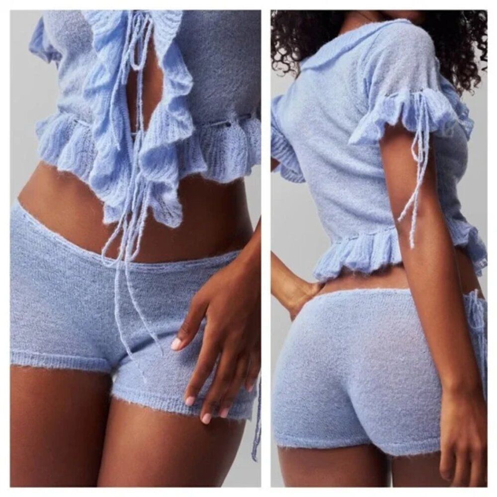 NWT Danielle Guizio Knit Blue Mohair Blend Side Tie Shorts size XXS